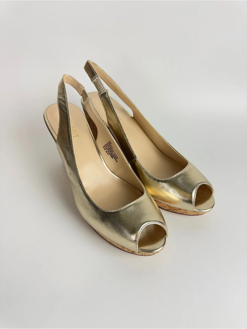 Nine West Gold Metallic Cork Wedge Slingback Peep-Toe Sandals
